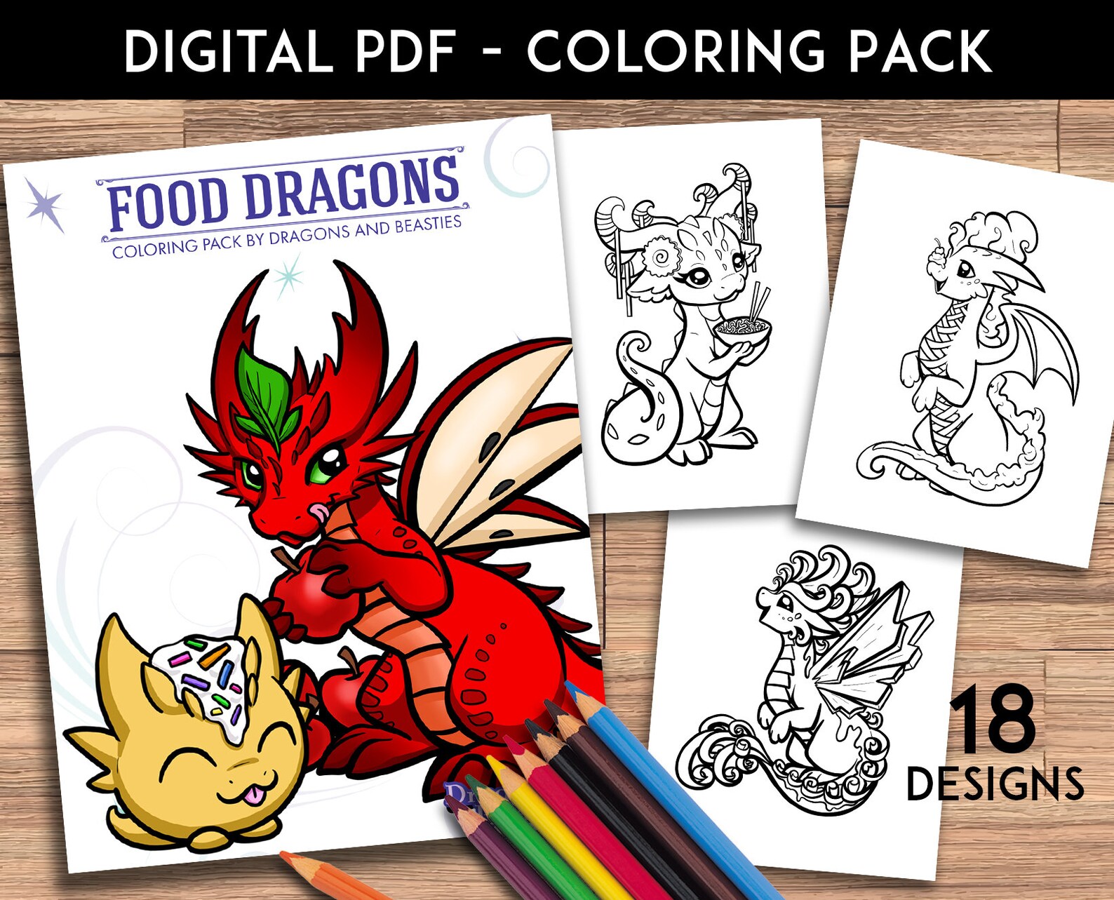 Color Pack Food Dragons Kids / Adult Coloring Pages Cute | Etsy