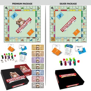 May include: A Custompoly board game set featuring a game board with a central photo, game boxes, colourful player tokens, dice, cards, and play money with photo inserts. The set is divided into a Premium Package and a Silver Package option.