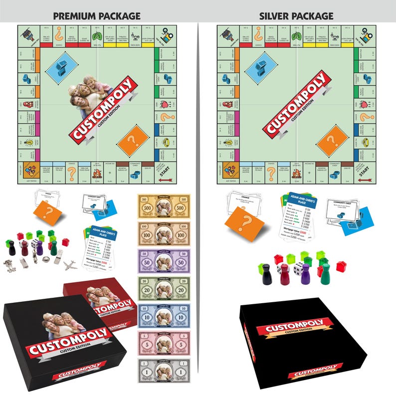 May include: A Custompoly board game set featuring a game board with a central photo, game boxes, colourful player tokens, dice, cards, and play money with photo inserts. The set is divided into a Premium Package and a Silver Package option.