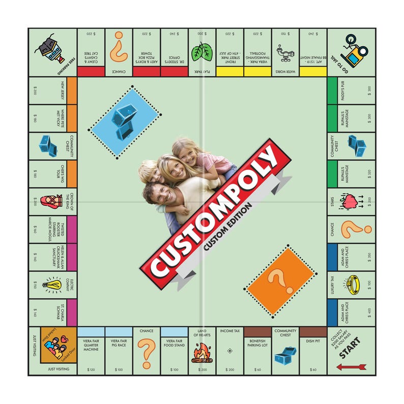 May include: A custom board game with a light green playing surface featuring a central photograph of a family. The board includes a red banner with the white text CUSTOMPOLY CUSTOM EDITION, along with various property spaces, icons, and text.