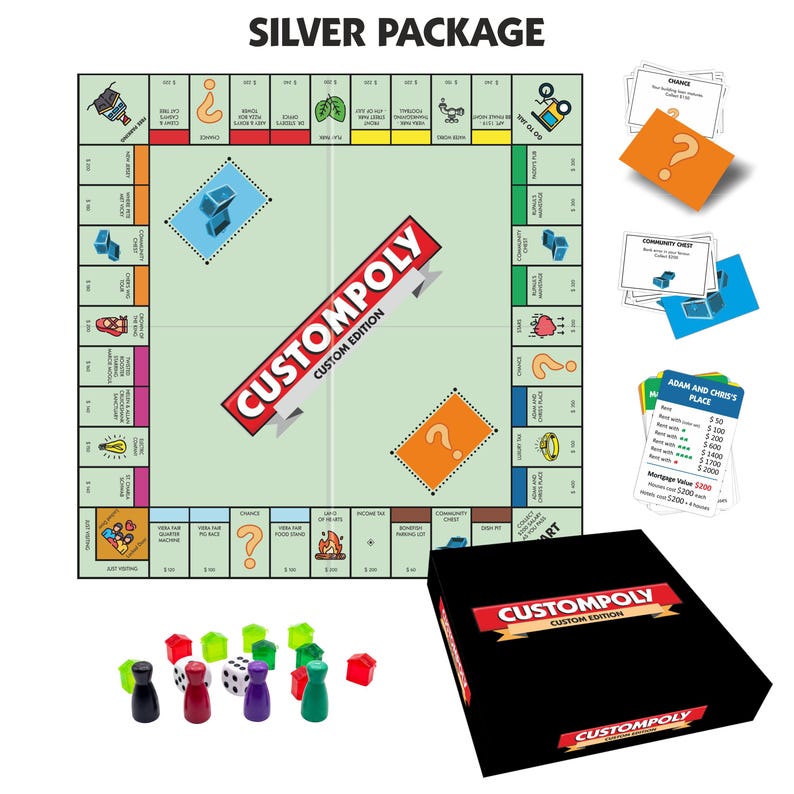 May include: A custom board game set titled CUSTOMPOLY featuring a square game board with light green centre, a black storage box, stacks of orange and blue cards, property cards, two white dice, and several small plastic houses and player tokens.