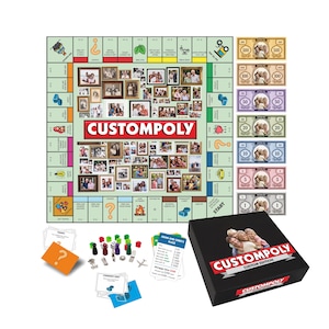 Könnte beinhalten: Ein personalisiertes Brettspiel namens CUSTOMPOLY mit einem quadratischen Spielbrett, das eine Collage aus Familienfotos zeigt, dazu bunte Spielfiguren, Spielgeld mit Porträtfotos, Ereigniskarten und eine schwarze Schachtel mit einem Foto auf dem Deckel.