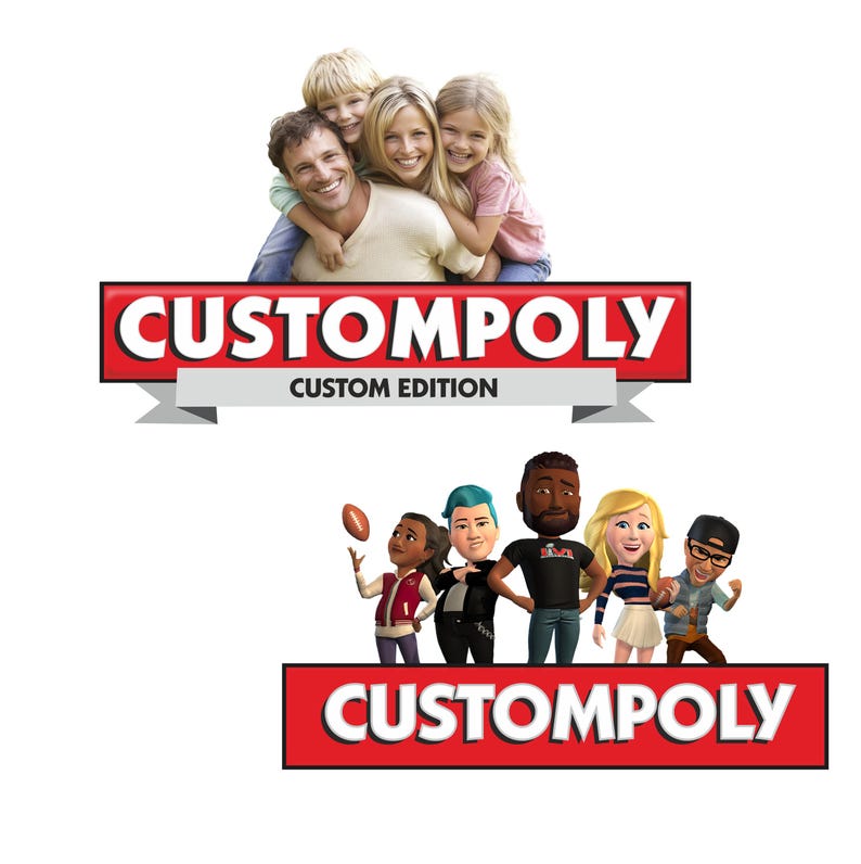 May include: A Custompoly Custom Edition board game graphic featuring a family of four smiling above the red and white logo. Below, a second Custompoly logo sits beneath five diverse 3D cartoon characters in various casual outfits and poses.
