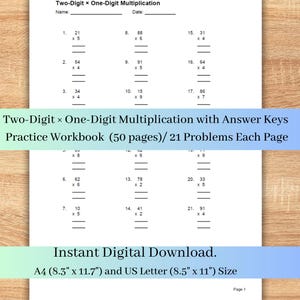 Two-Digit × One-Digit Multiplication Workbook, 50 pages , Multiplication Practice, 1st-4rd Grade Maths Practice, School, Answers Included