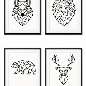 May include: Four framed geometric animal art prints. The set includes a wolf, lion, bear, and deer, each rendered in black lines against a white background. The artwork is framed in black.