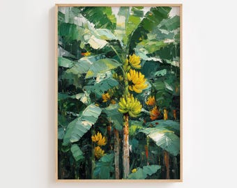 May include: A framed art print depicting a banana tree with large green leaves and bunches of yellow bananas. The painting is in an impressionistic style. The text "The Bananalogue" is at the bottom.
