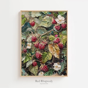 Könnte beinhalten: Gerahmtes Gemälde eines Himbeerstrauchs mit roten Beeren, grünen Blättern und weißen Blüten. Das Gemälde hat einen strukturierten, pastosen Stil. Der Titel "Red Rhapsody" befindet sich unten.
