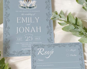 Puede incluir: Conjunto de invitación de boda con una invitación azul claro y una tarjeta RSVP con bordes florales. La invitación dice "Emily y Jonah" con la fecha "25 de octubre". La tarjeta RSVP está fechada el "16 de agosto de 2026".