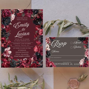 Deep Red and Black Floral Wedding Invitation and RSVP Template, Elegant Burgundy Flower Printable Set, Romantic Editable Invite Suite
