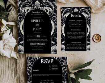 Gothic Wedding Invitations Art Nouveau – Black & White Canva Template Goth Dark Moody Invite Set