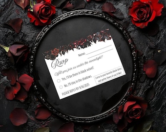 May include: A black and white RSVP card with a gothic floral design. The card asks "Will you join us under the moonlight?" with options to RSVP "Yes, I'll be there in black velvet!" or "No, I'll stay in the shadows." The card also includes the text "Please reply by 9/16/2025" and "Come in your favorite black dress and gothic finery if you'd like!"