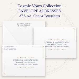 May include: White envelopes featuring the Cosmic Vows Collection ENVELOPE ADDRESSES A7 & A2 | Canva Templates text. The envelopes display dark blue text with gold star and moon accents, showing names and addresses for Lunara & Corvin and Estrella & James Whitmore.