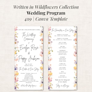 Peut inclure: Un modèle de programme de mariage de 4x9 pouces avec une bordure de fleurs sauvages à l'aquarelle dans des tons rose, jaune et violet. Le texte inclut "The Wedding Ceremony of Evelyn Rose & Poppy Jackson" et "The Characters in Our Story".