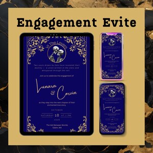May include: Digital engagement announcement with a navy blue background and gold floral accents. The text reads "Engagement Evite" and includes the names "Lunara & Corvin" and event details. The design is displayed on a tablet and two smartphones.