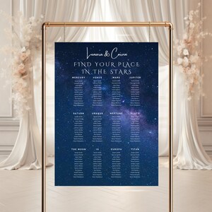 Plano de asientos para boda galáctica / Plantilla de Canva de signos celestiales / Tema "Escrito en las estrellas" / MMV006 / 12 mesas en 3 tamaños / MMV006