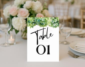 Table Numbers Wedding Card | Printable Green Hydrangea Floral | Canva Template Editable Customizable | Table Decor | Digital Download | 5x7"