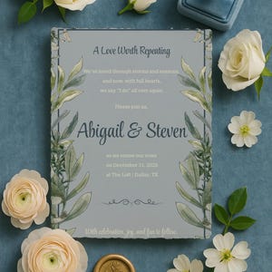 Canva-sjabloon voor stoffige blauwe gelofteverlenging | Ontwerp 2e bruiloft eucalyptus | 5 x 7 | Elegante afdrukbare ceremoniekaart | Jubileum