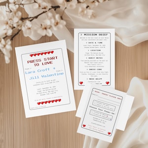 Press Start to Love Pixel Wedding Invitation Set – Retro Video Game Wedding Template with RSVP & Details | Canva Editable, 5x7&quot; MMV012