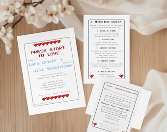 Press Start to Love Pixel Wedding Invitation Set – Retro Video Game Wedding Template with RSVP & Details | Canva Editable, 5x7" MMV012