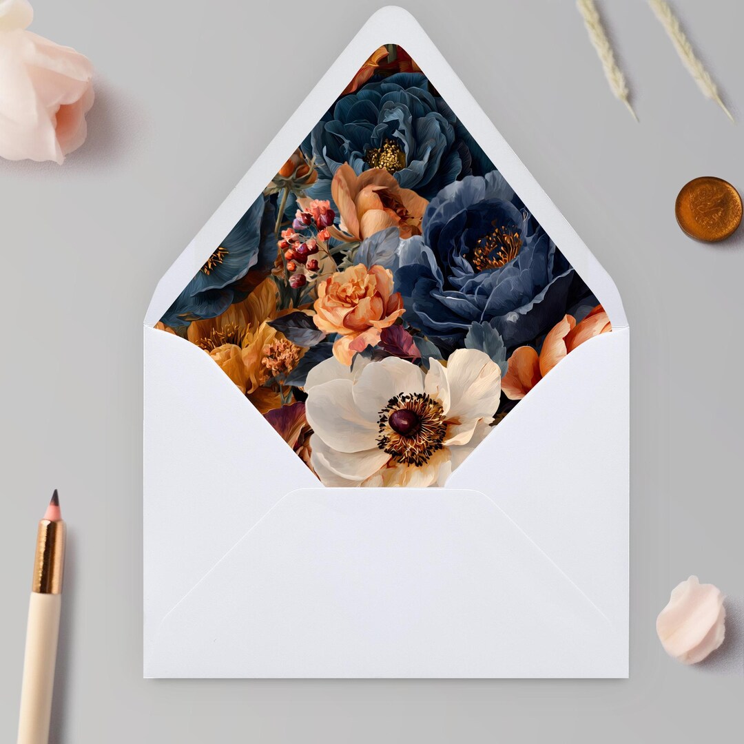 Navy Burnt Orange Floral Envelope Liners Printable, A7 A9 A6 A2 PDF ...