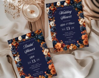 Brautparty & Polterabend-Einladungs Set • 5x7 Canva Template • Navy Orange • Zwei Formulierungen • M02