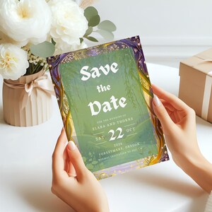 May include: A wedding invitation with the text "Save the Date" in white script. The invitation has a green and gold forest-themed design. The date is Saturday, October 22, 2026, for Elara and Thorne's wedding in Forestmere, Oregon.