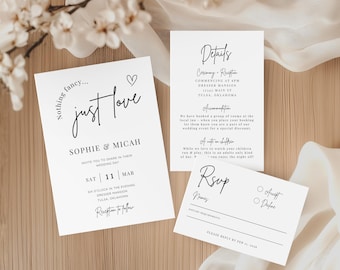Nothing Fancy Just Love Wedding Invites Bundle Printable – Minimal Canva Template Set with RSVP & Details Card