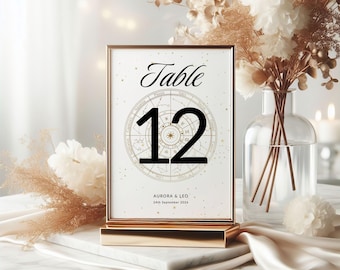 Celestial Table Numbers 1–30 | White Gold Zodiac Canva Template | Editable 5x7 Wedding Table Cards with Names & Date MMV017