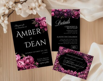 Modèle de toile de faire-part de mariage gothique, RSVP floral foncé et carte de détails, suite de mariage pivoine de mauvaise humeur imprimable, MMV003