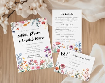 Wildflower Wedding Invitation Set | Editable Canva Templates | 5x7 Invite, RSVP, Details Card Collection | Boho Floral Printable Suite