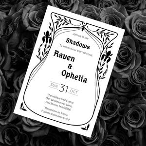 Gothic Shadows Art Nouveau Wedding Invitation Template – Dark Moody Wedding Canva Invite, Goth Ceremony Card + Free Wedding Checklist MMV013