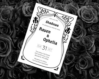 Plantilla Art Nouveau para invitaciones de boda gótica: invitación de boda oscura y melancólica de Canva, tarjeta de ceremonia gótica + lista de verificación de boda gratuita MMV013