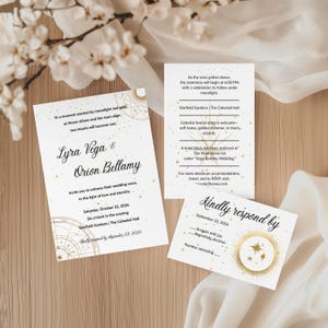Hemelse bruiloft uitnodigingsset | Witte en gouden canvassjabloon | RSVP, detailkaart, astrologiethema + gratis checklist bruiloft MMV017