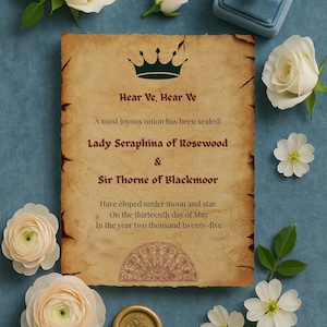 Modelo de Anúncio de Casamento – Design de Rolo Imprimível para Casamento, Tema Feira Renascentista – Modelo Canva 5x7", Rolo Encantado MMV004