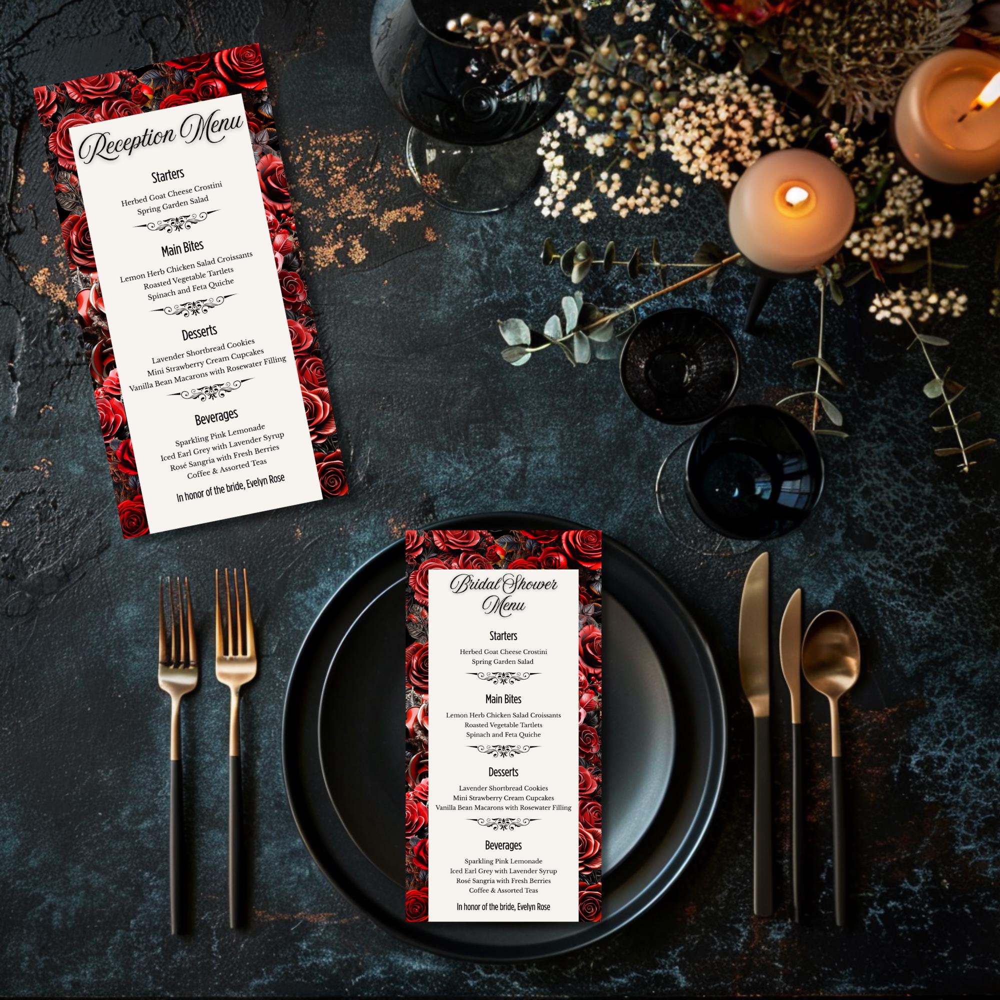 Gothic Wedding Menu Template – 4x8 Canva Printable for Bridal Shower or ...