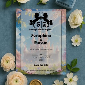 Modelo de convite de casamento de conto de fadas – Cartão de noivado de unicórnio no Canva | Convite de fantasia | Convite de casamento + Lista de verificação de casamento grátis MMV015