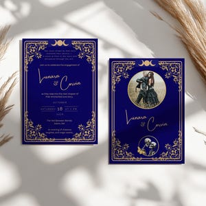 May include: Two dark blue engagement announcements with gold ornate borders and text. One features a photo of a couple, the other has text. The text reads "Lunara & Corvin" and details about the event.