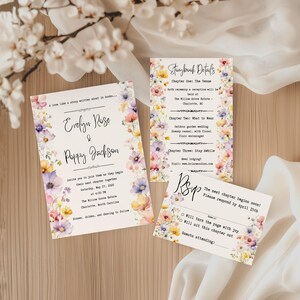 Vintage Book Wedding Invitation Suite – Invite, RSVP & Details Card – Canva Template Set – Wildflower Wedding Bundle, Floral MMV009