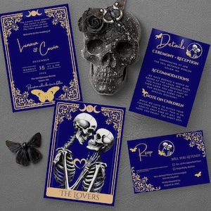 Macabere tarothuwelijksuitnodigingset – canvassjabloon | Gothic Celestial Invite, The Lovers Card, RSVP en details | Hekserij | MMV022