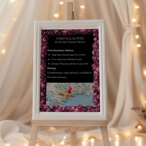 Plantilla imprimible de tarjeta de instrucciones de boda - Peonías de medianoche (4x6") - Plantilla Canva - Tarjeta rellenable con mapa y lugar para crear un bricolaje elegante y con un toque de humor.