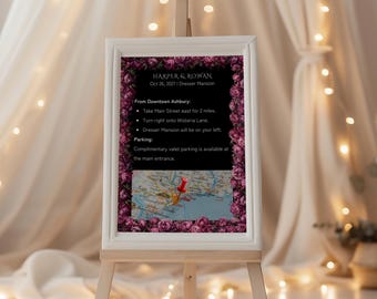 Plantilla imprimible de tarjeta de instrucciones de boda - Peonías de medianoche (4x6") - Plantilla Canva - Tarjeta rellenable con mapa y lugar para crear un bricolaje elegante y con un toque de humor.