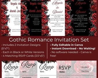 Gothic Wedding Invitation & RSVP – Red and Black Roses – Editable Canva Template – Dark Romance Invite Set - Goth Moody Decor MMV001