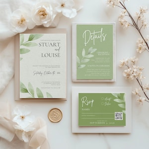 Minimal Sage Green Wedding Suite | Editable Canva Templates | Modern Botanical Invite Set with RSVP + Details Card, Eucalyptus
