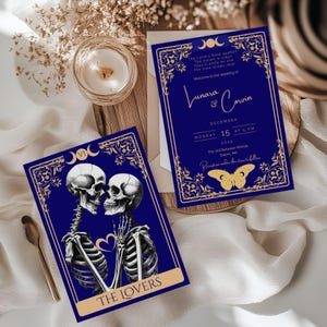 Set di inviti per matrimonio "Tarot Macabre" - Modello Canva / Invito gotico celeste, Biglietto degli amanti, RSVP e dettagli / Stregoneria / MMV022