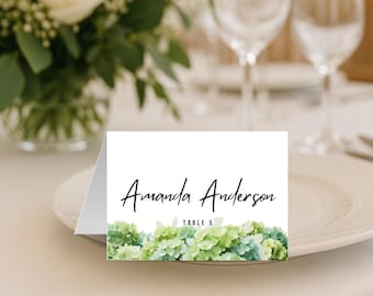Plantilla editable para tarjetas de lugar de boda plegables / Tarjeta de nombre con flores de hortensia verde / Plantilla Canva de 13 x 18 cm / Descarga digital / Personalizable