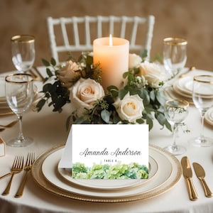 Modelo de cartões de lugar de casamento dobráveis editáveis | Cartão de nome floral de hortênsia verde | Modelo Canva 5x7" | Download digital | Personalizável