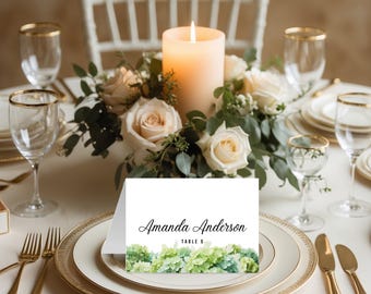 Plantilla editable para tarjetas de lugar de boda plegables / Tarjeta de nombre con flores de hortensia verde / Plantilla Canva de 13 x 18 cm / Descarga digital / Personalizable