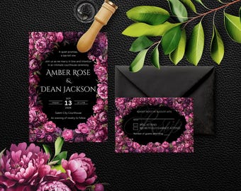 May include: Wedding invitation suite featuring a black background with a floral border of deep pink peonies. The invitation includes the names Amber Rose & Dean Jackson, date, time, and location. A matching RSVP card and envelope are also included.