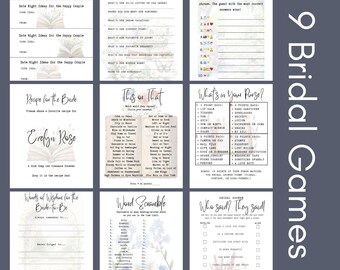 May include: Nine bridal shower games printed on white cardstock with floral accents. Games include "Date Night Ideas," "How Well Do You Know the Bride?," and "Decade the Wedding Emojis." The games are arranged on a dark blue background.