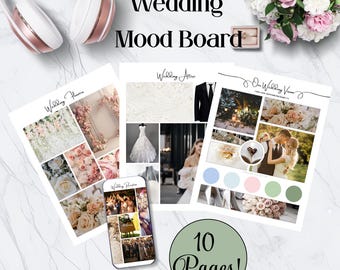 Puede incluir: Un tablero de inspiración para bodas con 10 páginas que presentan imágenes de flores de boda, atuendos, lugares y paletas de colores. El texto "Wedding Mood Board" está en la parte superior de la imagen.